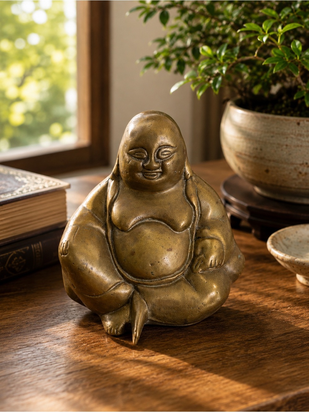Vintage Brass Happy Buddha Statue Figurine Meditation Hotei Laughing Buddha 5"